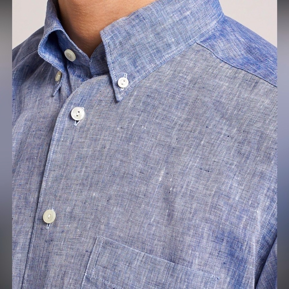 Eton 100% Linen Button Down Shirt Slim Fit Light Blue Short Sleeve Sz S